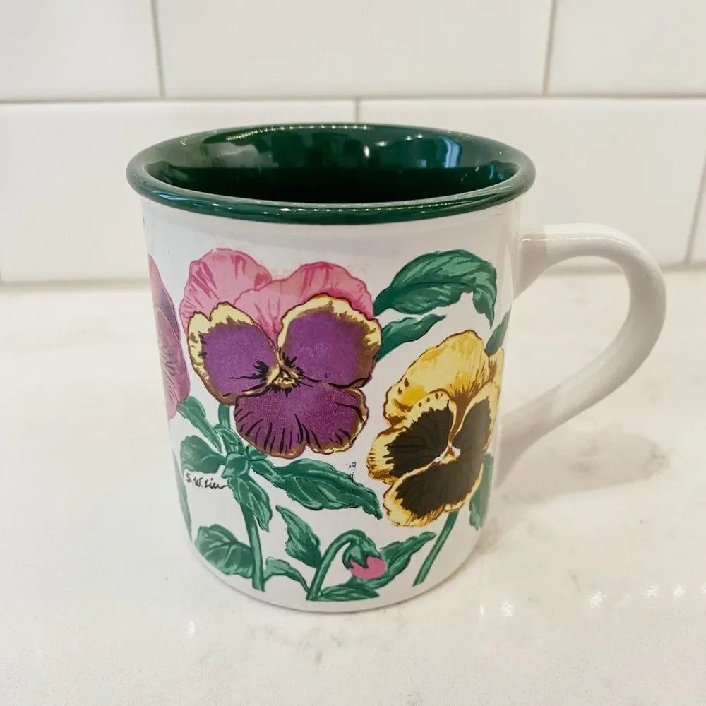 Vintage Rare Potpourri Designs Floral Pansies Coffee Mug 1991, 3.5